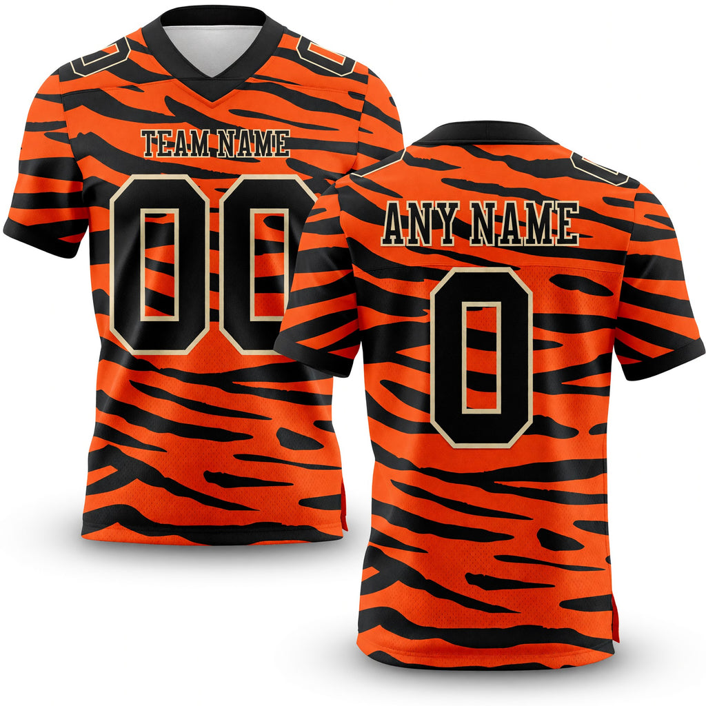 Custom Orange Black-Cream 3D Pattern Tiger Print Authentic Football Jersey
