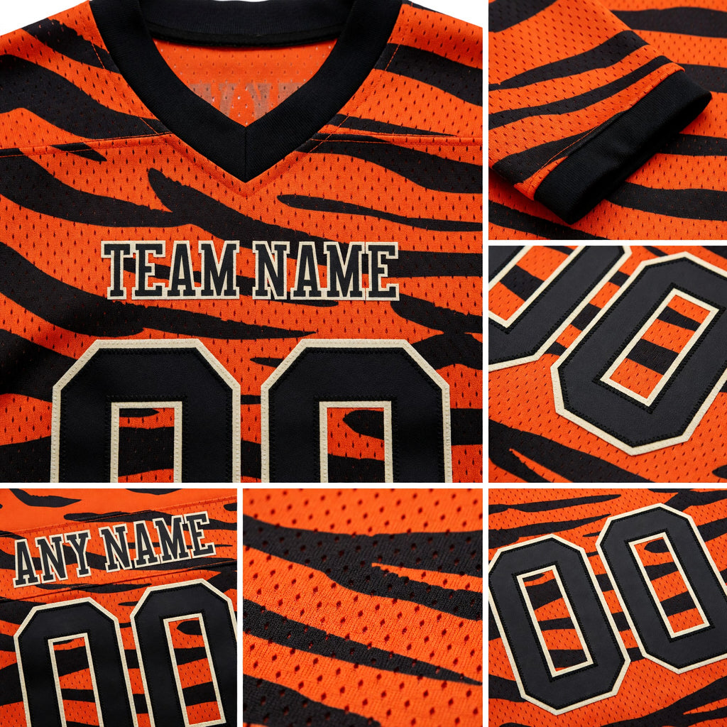 Custom Orange Black-Cream 3D Pattern Tiger Print Authentic Football Jersey detail