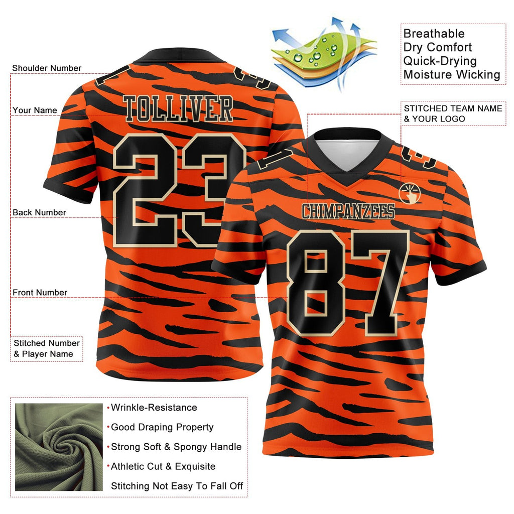 Custom Orange Black-Cream 3D Pattern Tiger Print Authentic Football Jersey photo 3