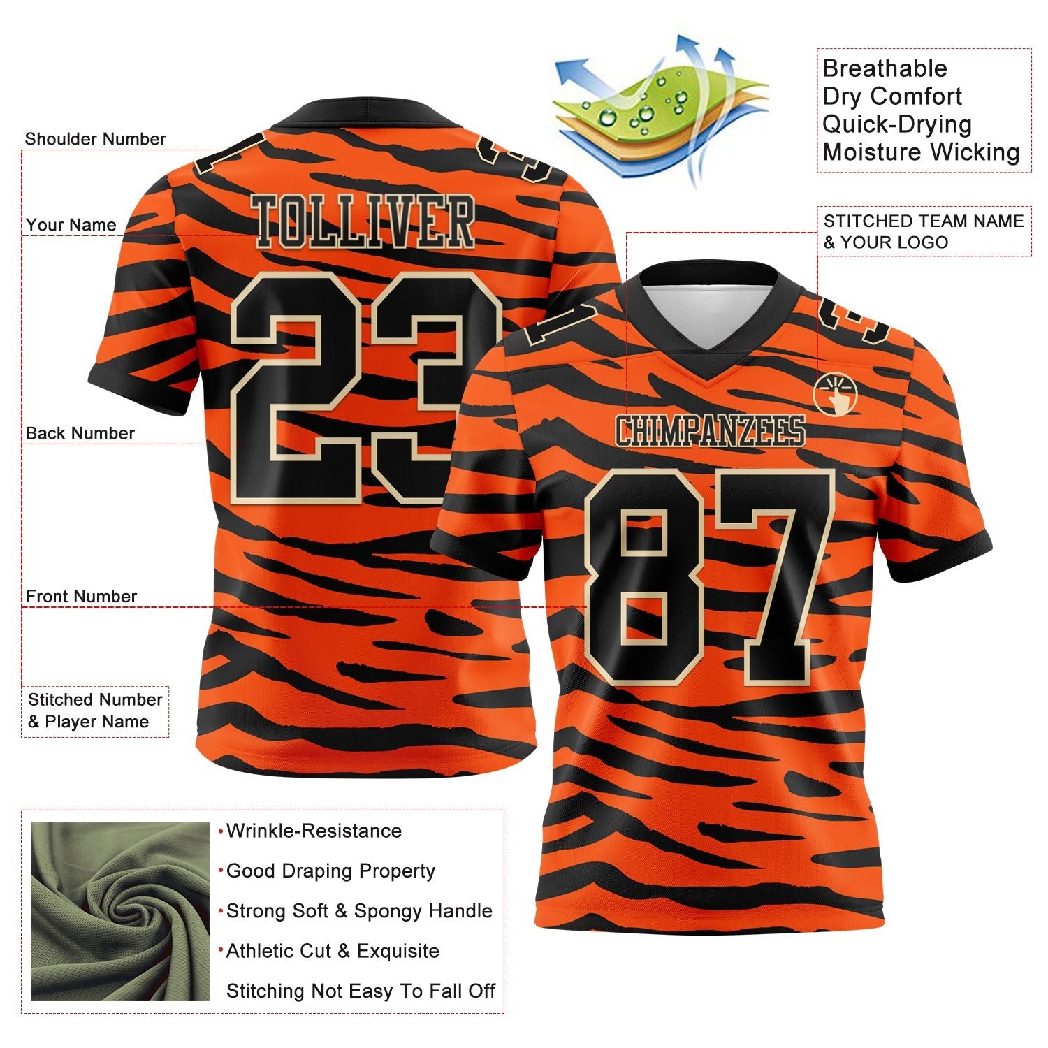 Custom Orange Black-Cream 3D Pattern Tiger Print Authentic Football Jersey photo 3