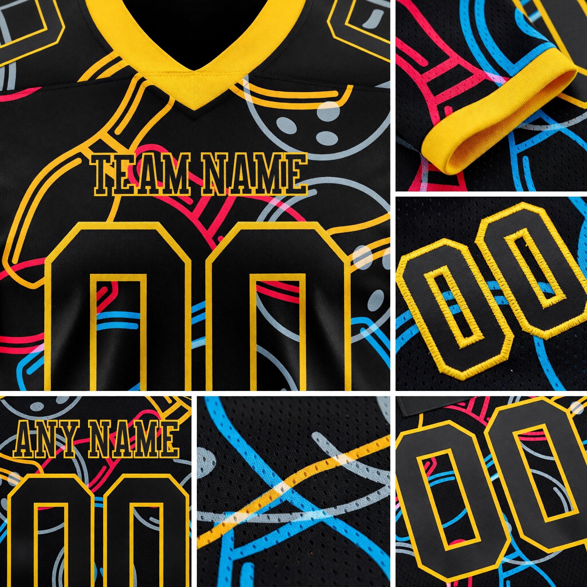 Custom Black Yellow 3D Pattern Bowling Authentic Football Jersey detail