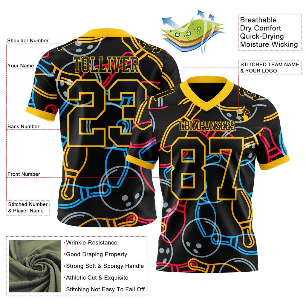 Custom Black Yellow 3D Pattern Bowling Authentic Football Jersey photo 3