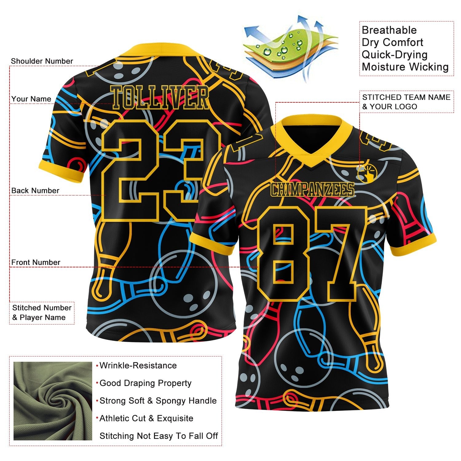Custom Black Yellow 3D Pattern Bowling Authentic Football Jersey photo 3