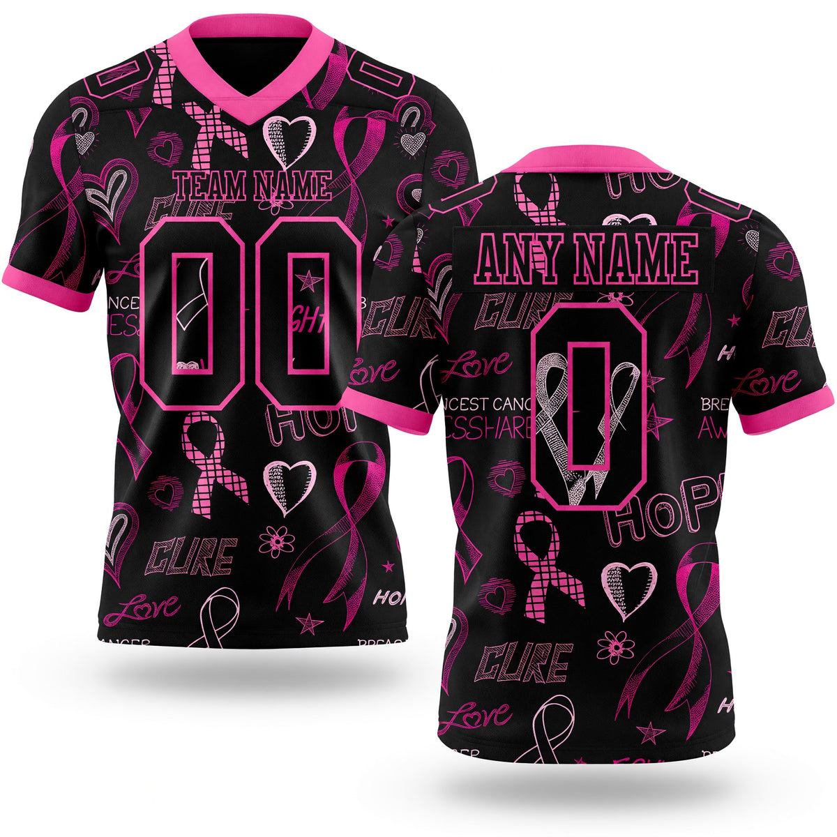 Custom Black Pink 3D Pattern Pink Ribbon Breast Cancer Awareness Month Women Health Care Support Authentic Football Jersey