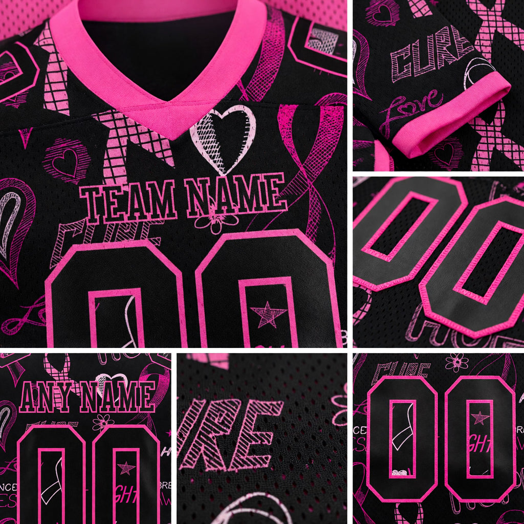 Custom Black Pink 3D Pattern Pink Ribbon Breast Cancer Awareness Month Women Health Care Support Authentic Football Jersey detail