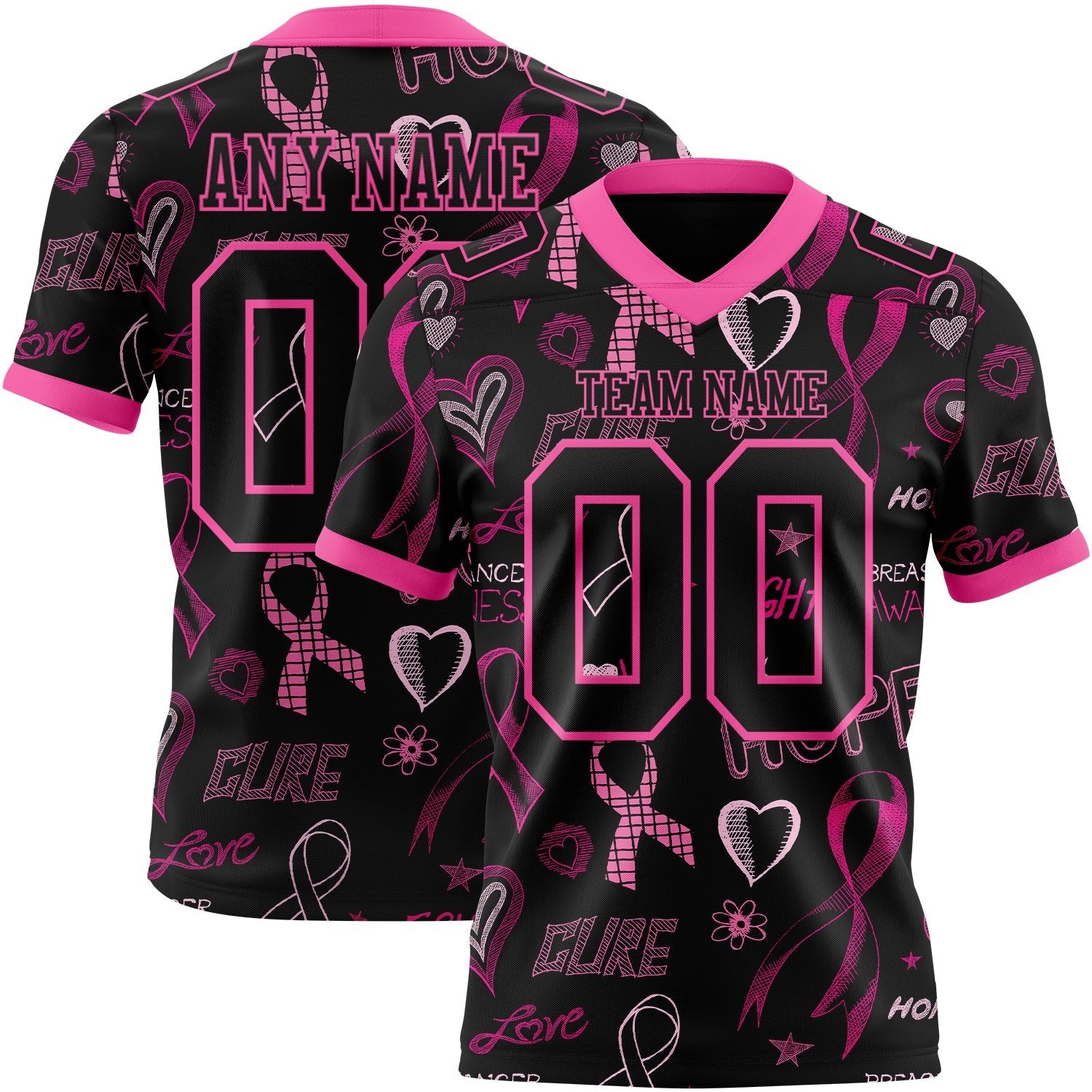 Custom Black Pink 3D Pattern Pink Ribbon Breast Cancer Awareness Month Women Health Care Support Authentic Football Jersey photo 1