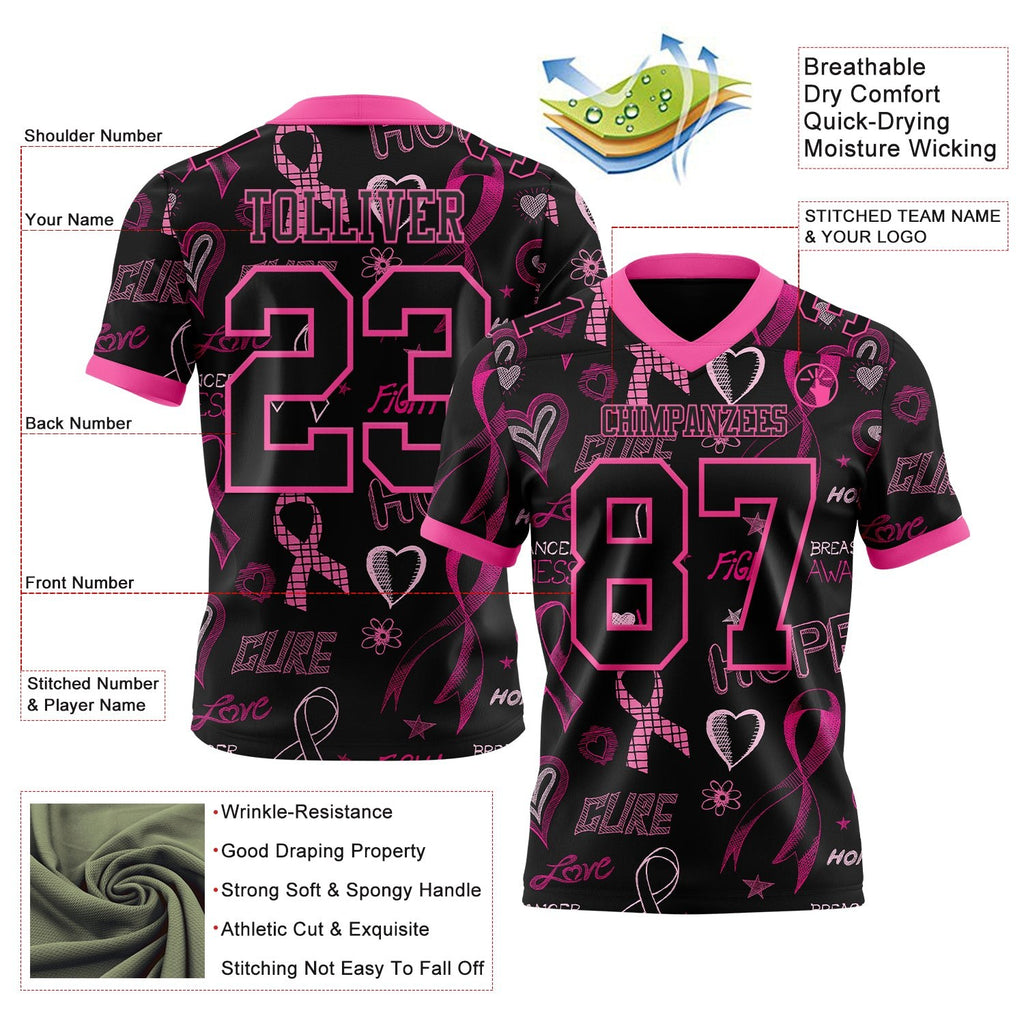 Custom Black Pink 3D Pattern Pink Ribbon Breast Cancer Awareness Month Women Health Care Support Authentic Football Jersey photo 3