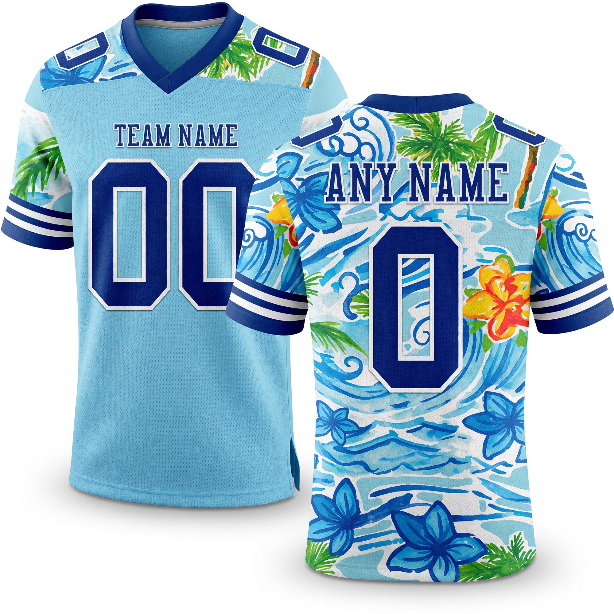 Custom Ice Blue Royal-White 3D Pattern Beach Hawaii Palm Trees And Flowers Authentic Football Jersey