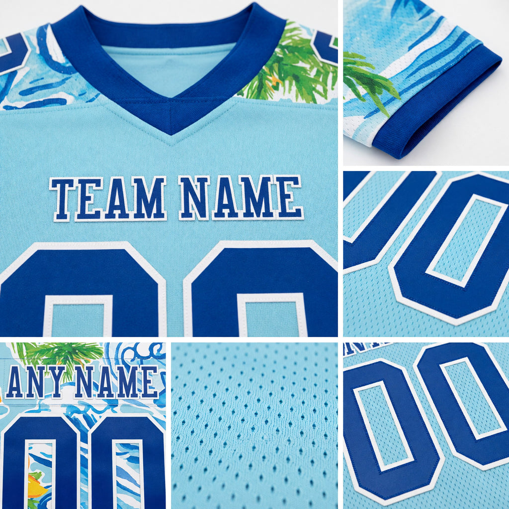 Custom Ice Blue Royal-White 3D Pattern Beach Hawaii Palm Trees And Flowers Authentic Football Jersey detail