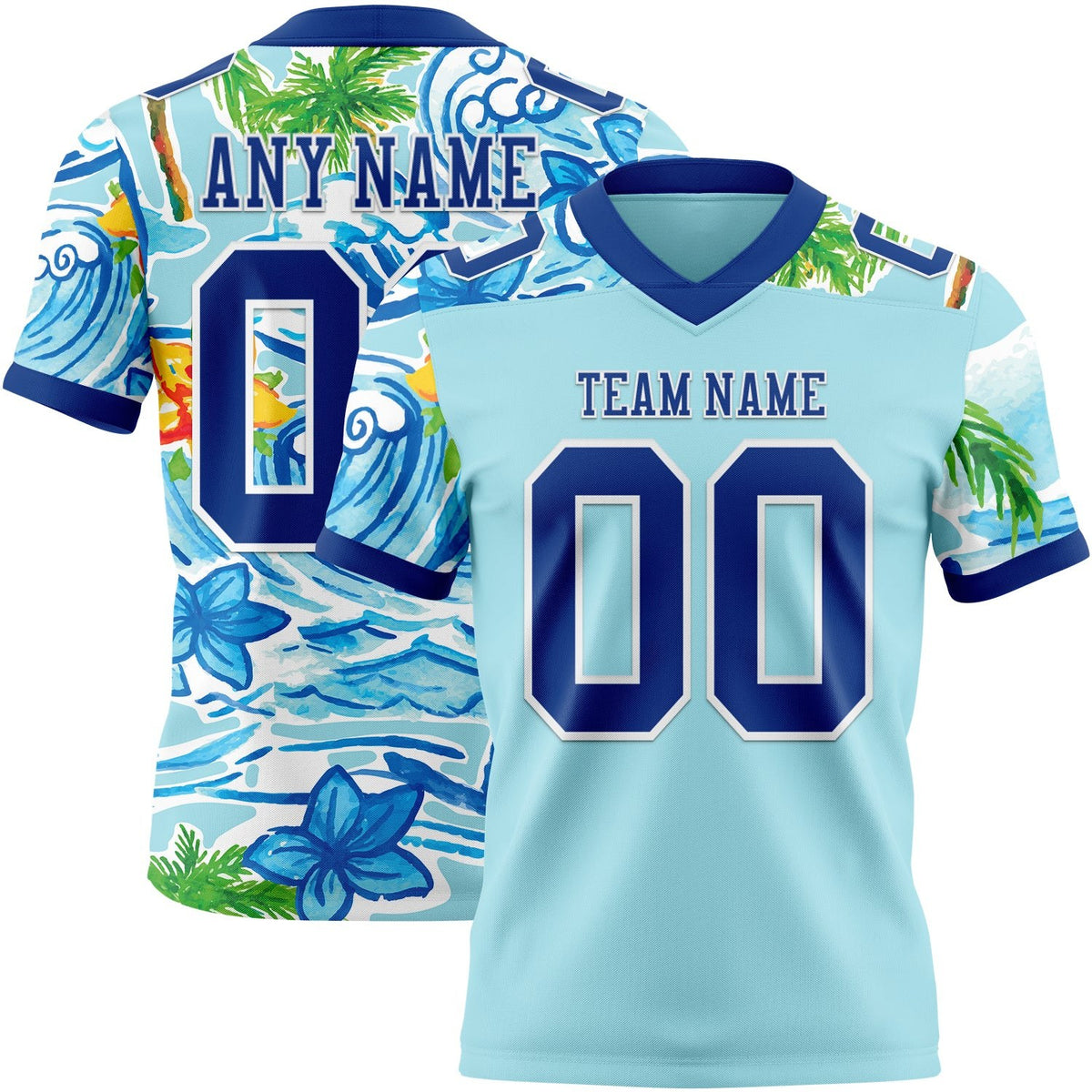 Custom Ice Blue Royal-White 3D Pattern Beach Hawaii Palm Trees And Flowers Authentic Football Jersey photo 1