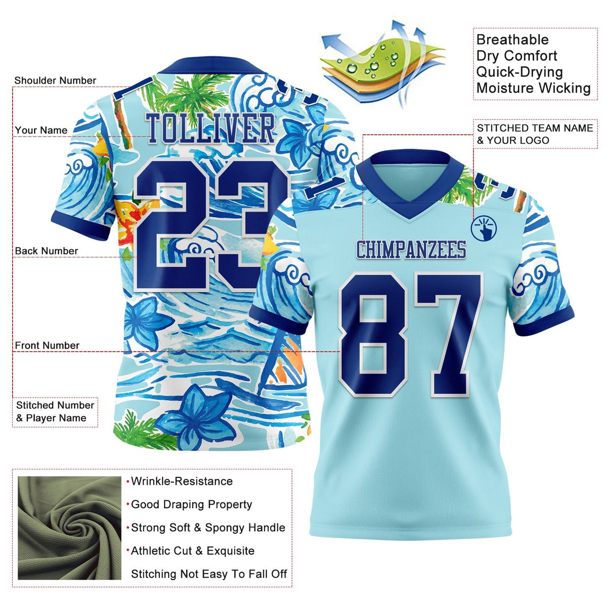 Custom Ice Blue Royal-White 3D Pattern Beach Hawaii Palm Trees And Flowers Authentic Football Jersey photo 3