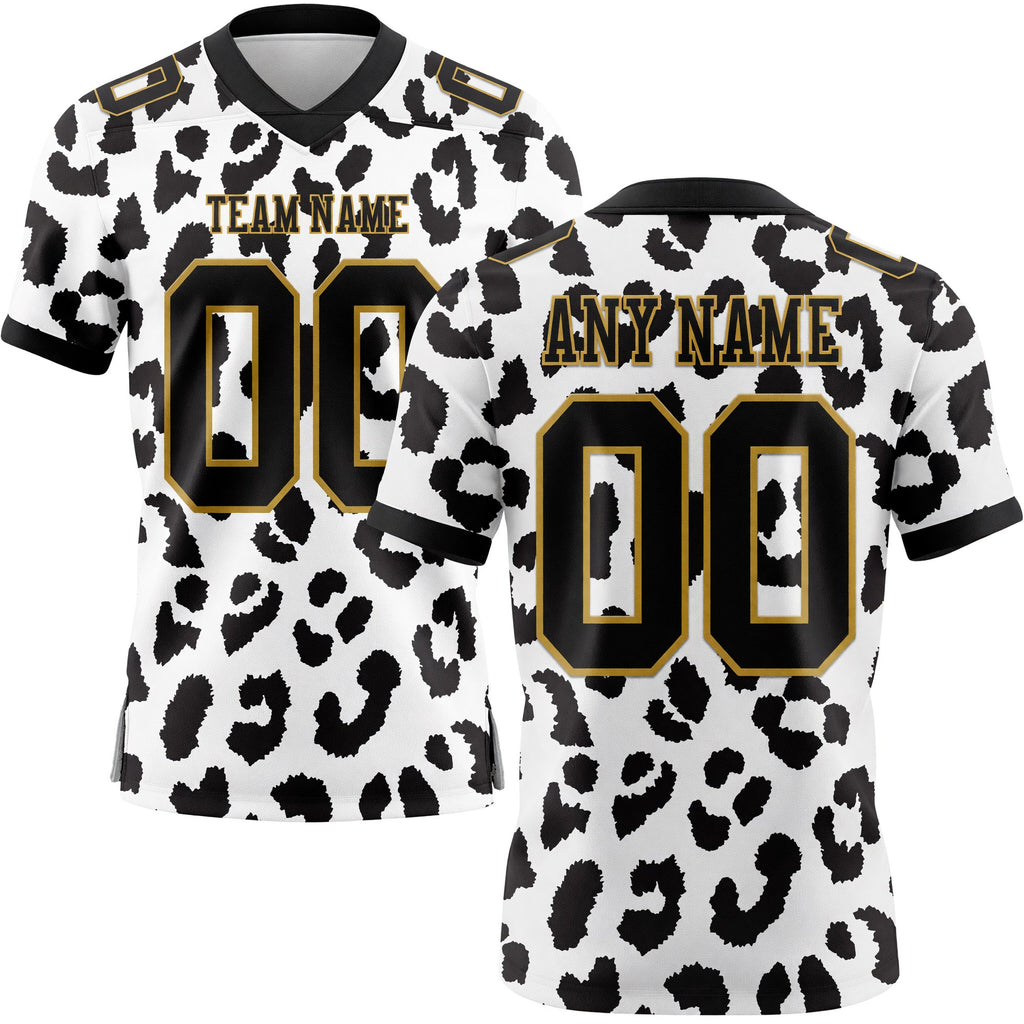 Custom White Black-Old Gold 3D Pattern Leopard Print Authentic Football Jersey