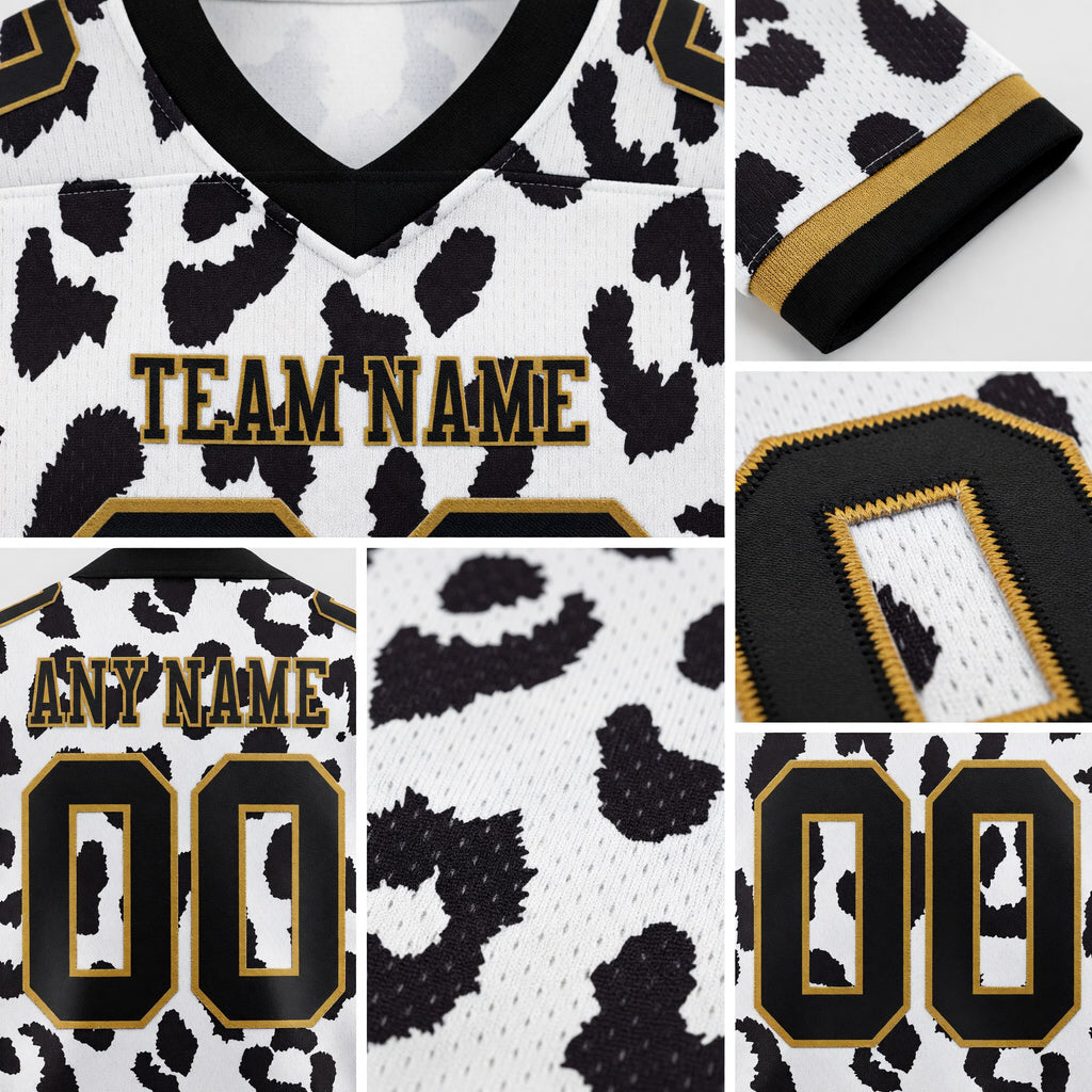 Custom White Black-Old Gold 3D Pattern Leopard Print Authentic Football Jersey detail