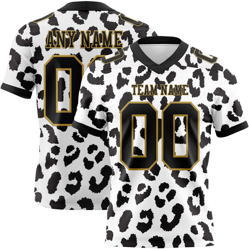 Custom White Black-Old Gold 3D Pattern Leopard Print Authentic Football Jersey photo 1