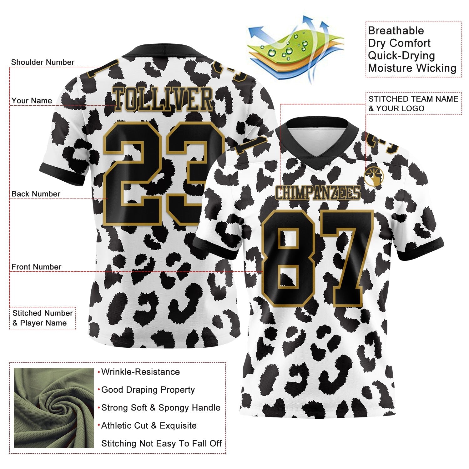 Custom White Black-Old Gold 3D Pattern Leopard Print Authentic Football Jersey photo 3