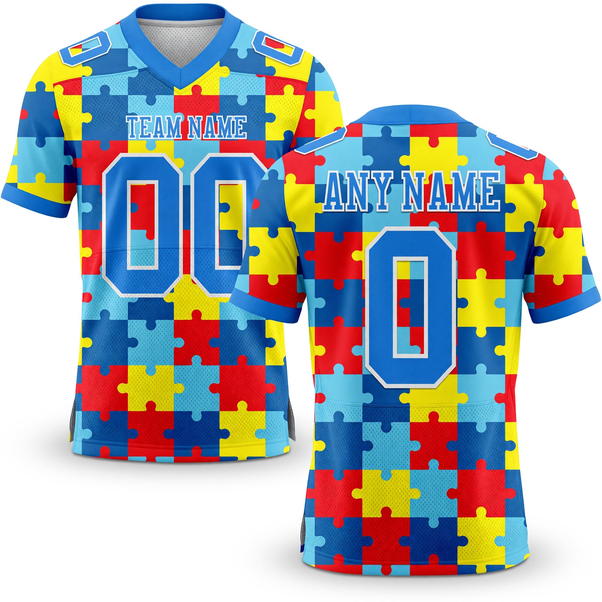 Custom Powder Blue White 3D Pattern Autism Supporter Awareness Puzzle Pieces Authentic Football Jersey