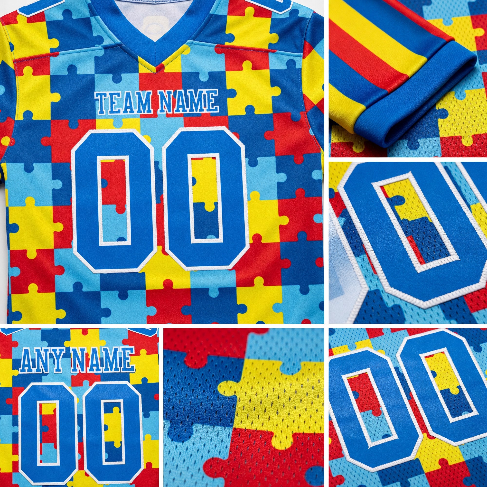 Custom Powder Blue White 3D Pattern Autism Supporter Awareness Puzzle Pieces Authentic Football Jersey detail