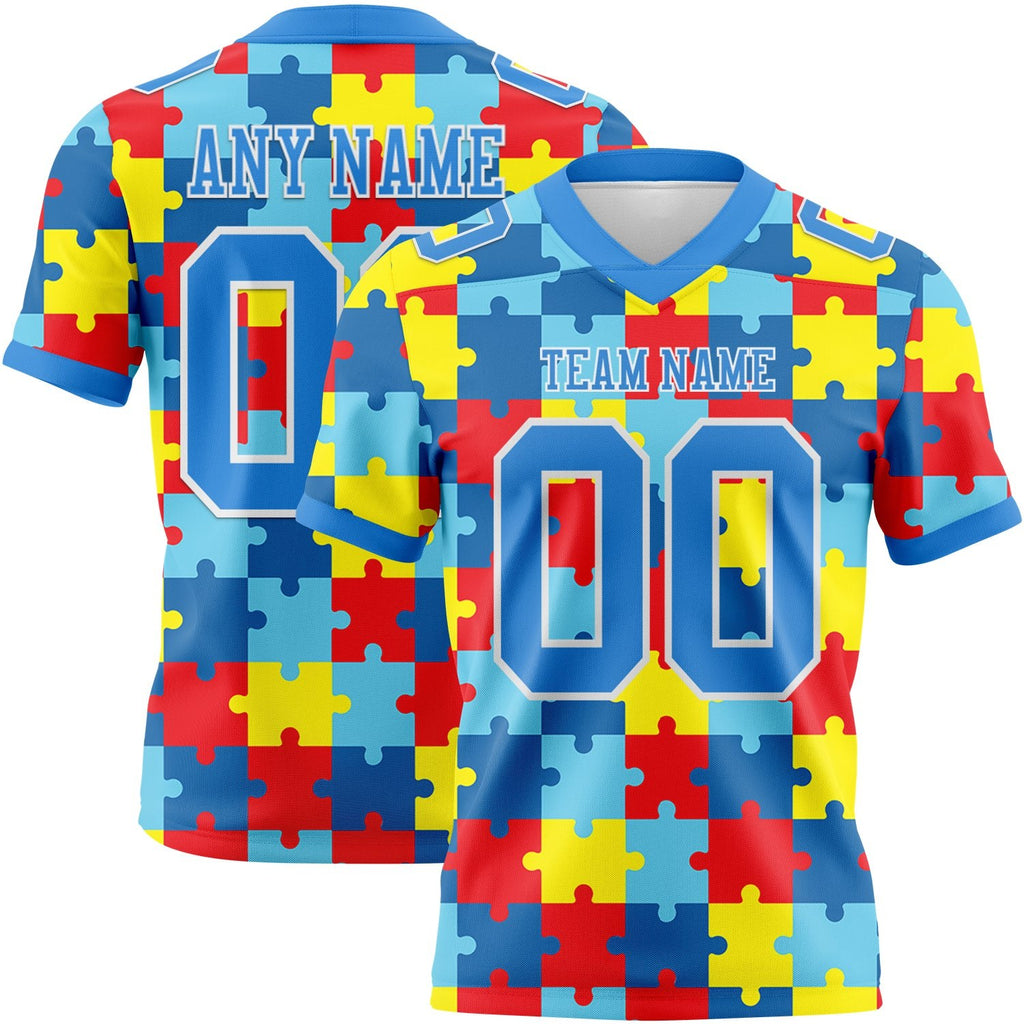 Custom Powder Blue White 3D Pattern Autism Supporter Awareness Puzzle Pieces Authentic Football Jersey photo 1