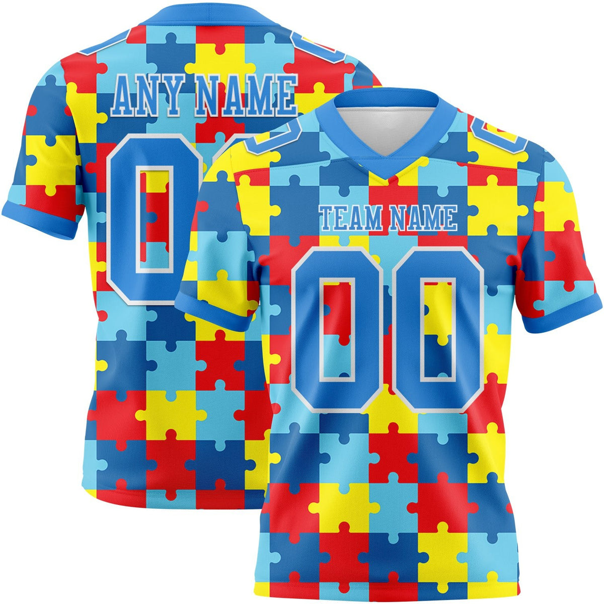 Custom Powder Blue White 3D Pattern Autism Supporter Awareness Puzzle Pieces Authentic Football Jersey photo 1