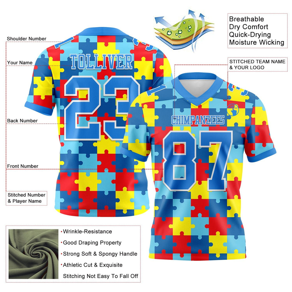 Custom Powder Blue White 3D Pattern Autism Supporter Awareness Puzzle Pieces Authentic Football Jersey photo 3