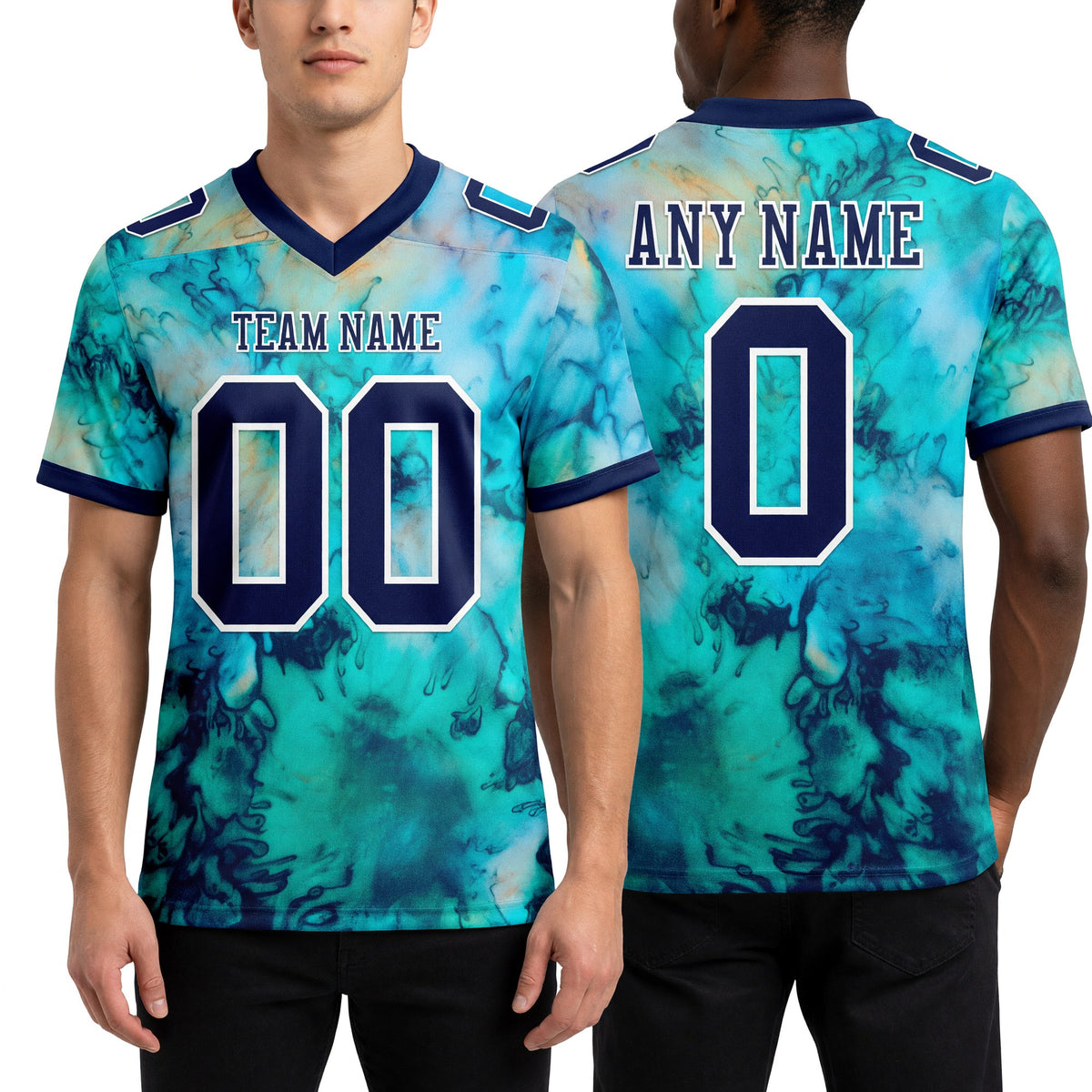 Custom Tie Dye Navy-White 3D Pattern Authentic Football Jersey worn front and back