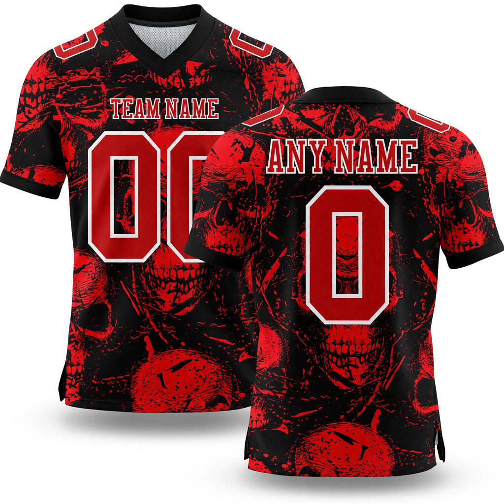 Custom Black Red-White 3D Pattern Halloween Skull Authentic Football Jersey