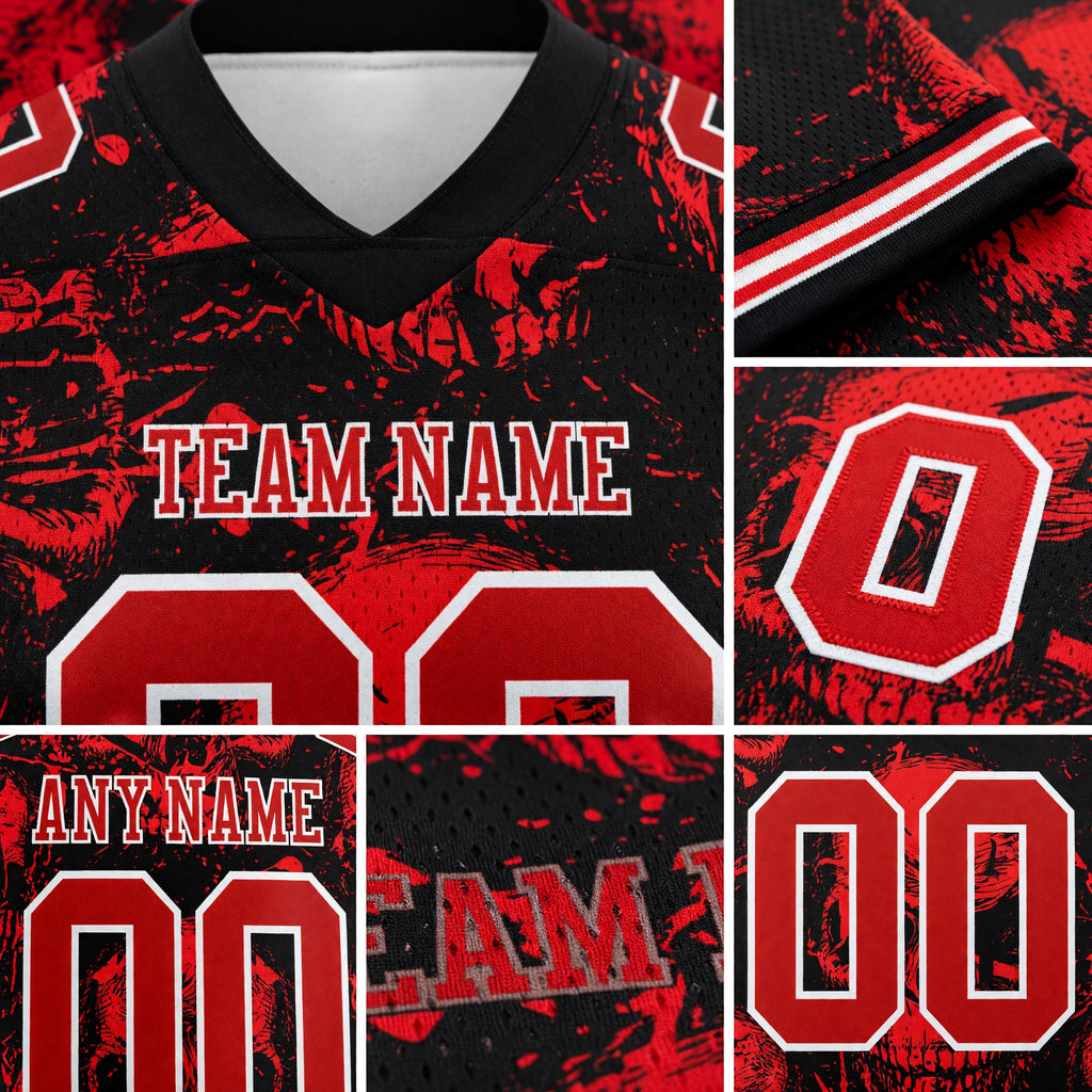 Custom Black Red-White 3D Pattern Halloween Skull Authentic Football Jersey detail