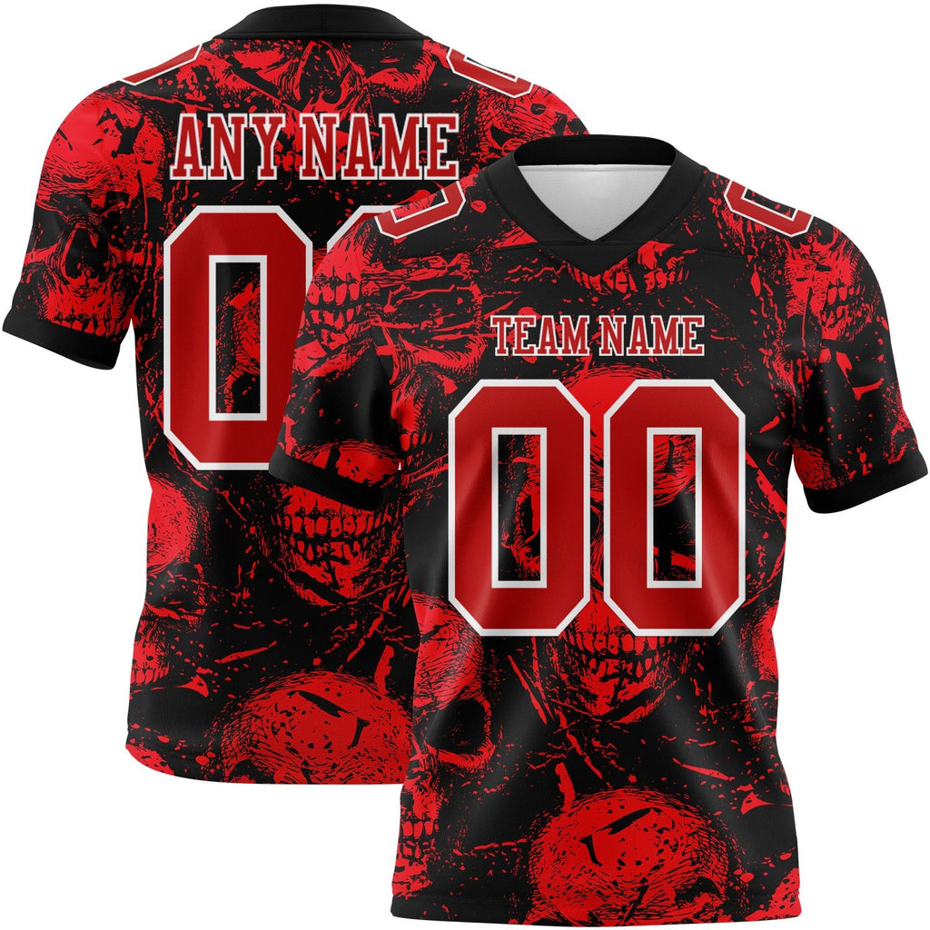 Custom Black Red-White 3D Pattern Halloween Skull Authentic Football Jersey photo 1