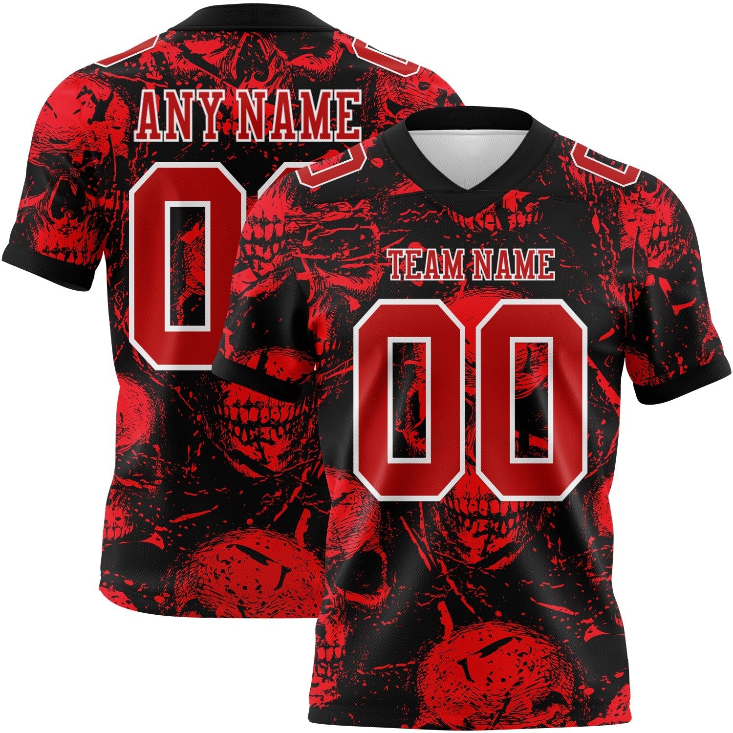 Custom Black Red-White 3D Pattern Halloween Skull Authentic Football Jersey photo 1
