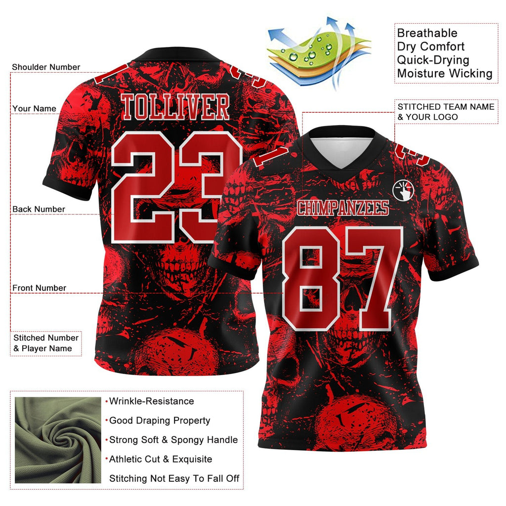 Custom Black Red-White 3D Pattern Halloween Skull Authentic Football Jersey photo 3