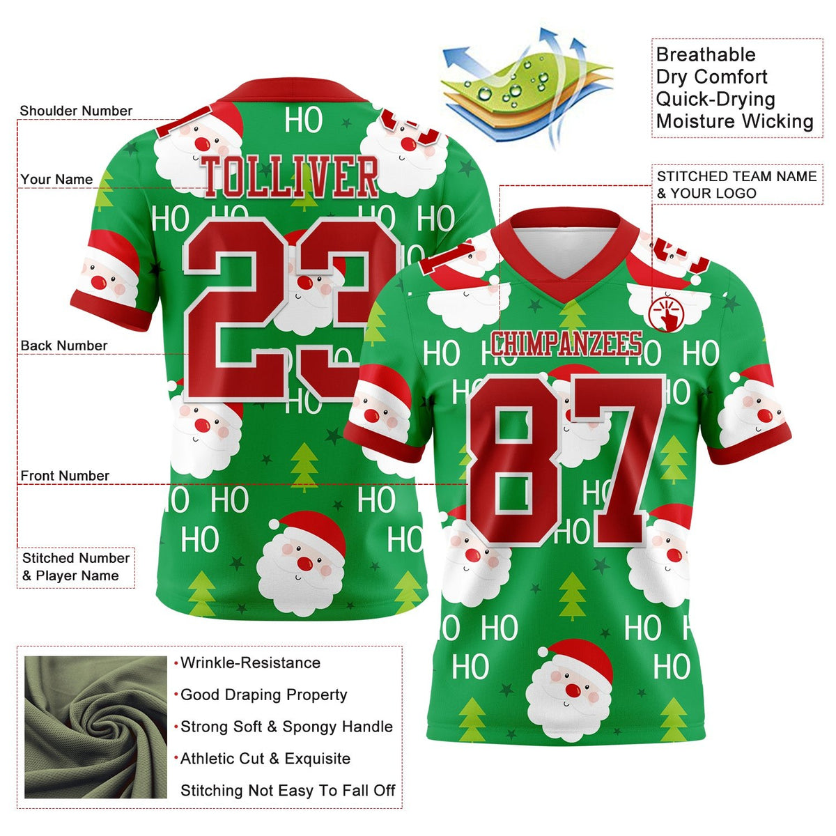 Custom Green Red-White 3D Pattern Christmas Authentic Football Jersey photo 3