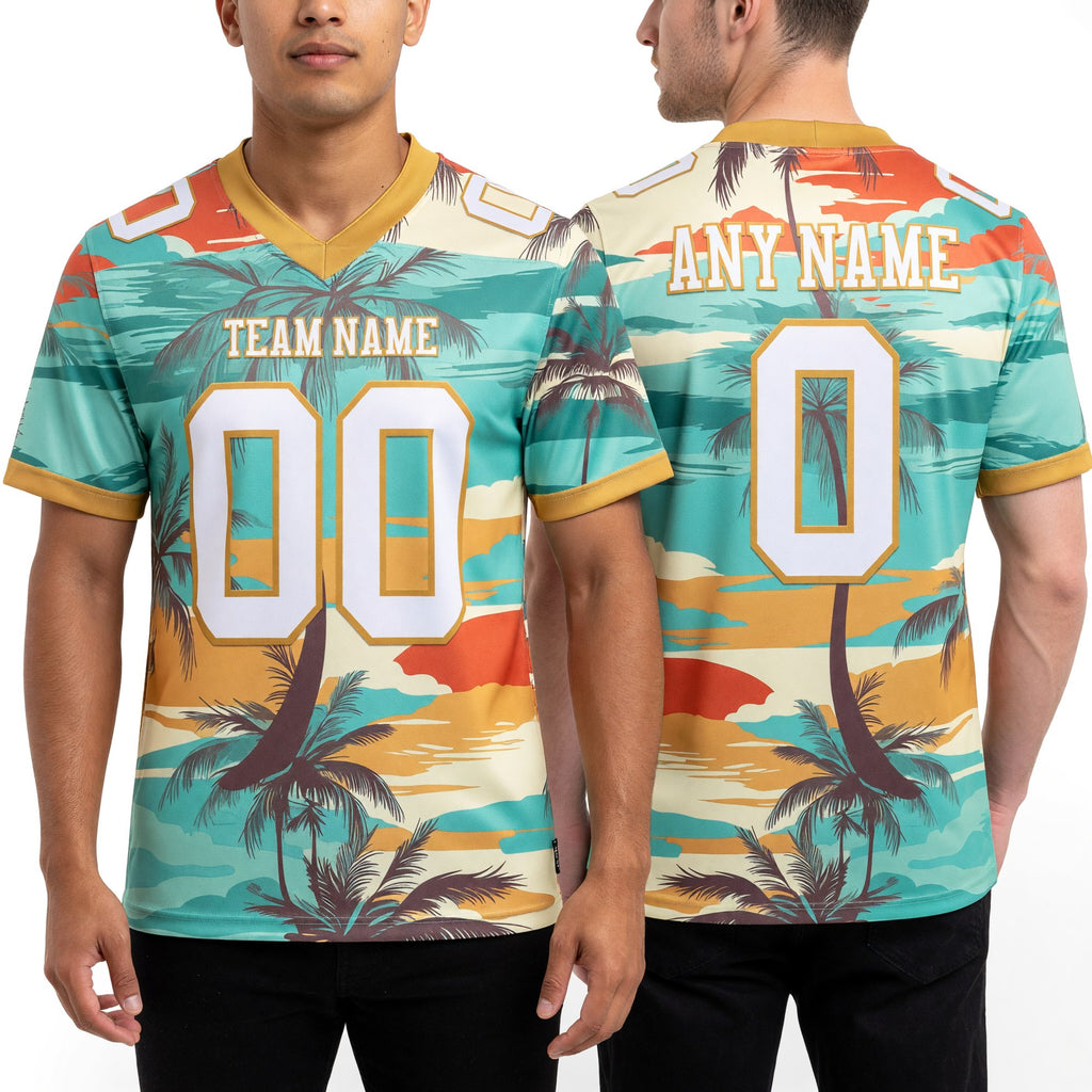 Custom Aqua White-Old Gold 3D Pattern Tropical Hawaii Palm Trees Authentic Football Jersey worn front and back