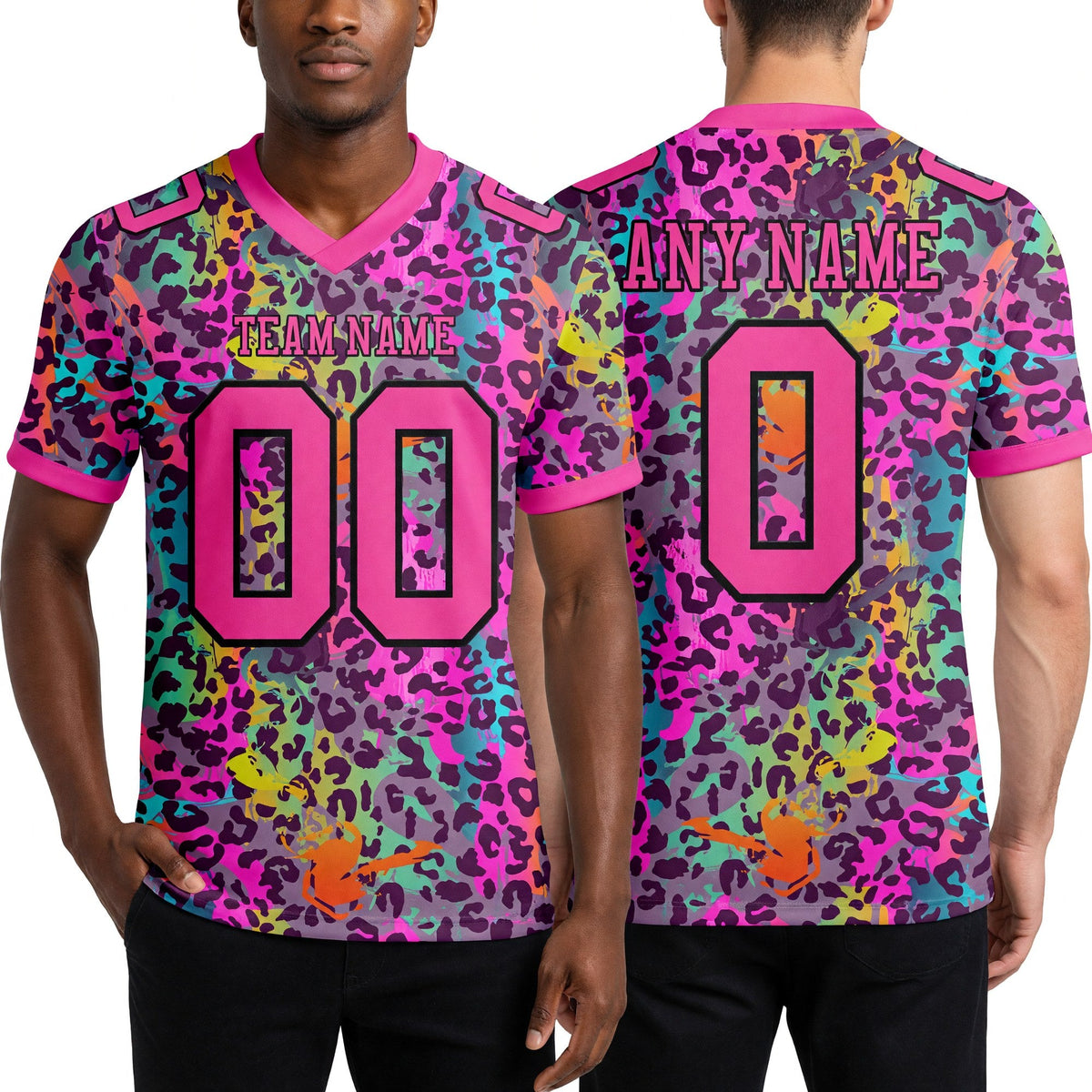 Custom Graffiti Pattern Pink-Black 3D Pattern Colorful Leopard Print Authentic Football Jersey worn front and back