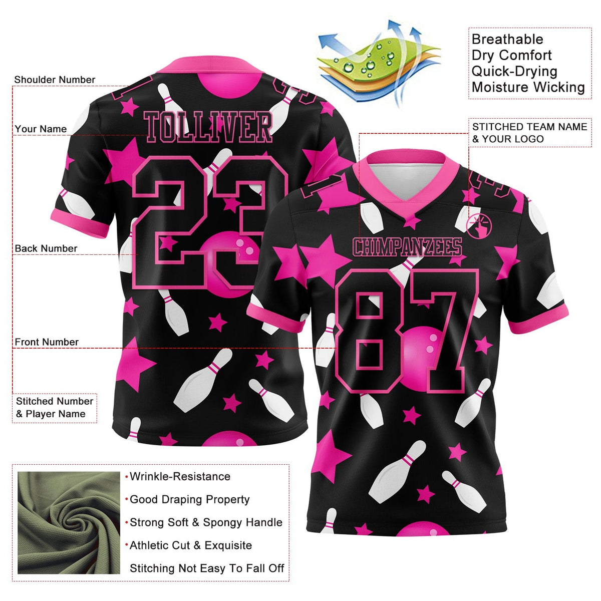 Custom Black Pink 3D Pattern Bowling Authentic Football Jersey photo 3