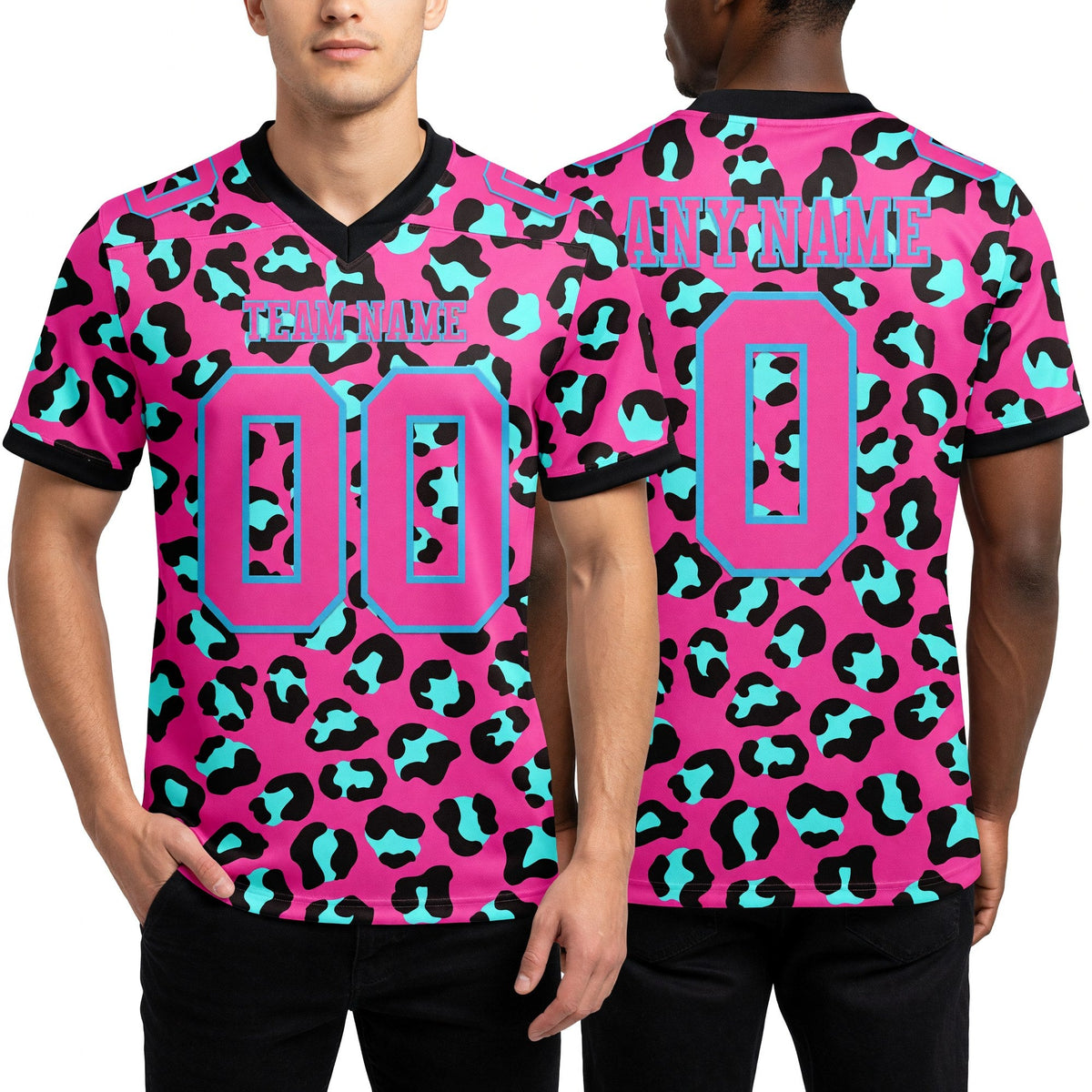 Custom Pink Sky Blue-Black 3D Pattern Leopard Print Authentic Football Jersey worn front and back