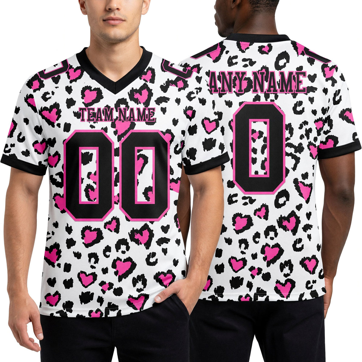Custom White Black-Pink 3D Pattern Leopard Print Authentic Football Jersey worn front and back