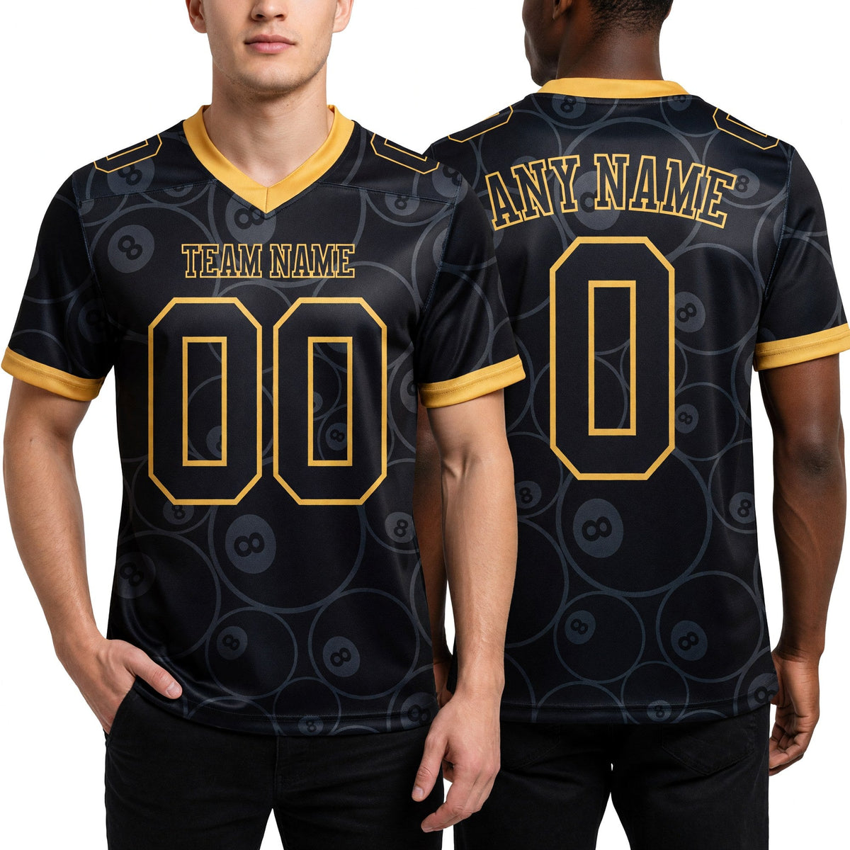 Custom Black Old Gold 3D Pattern Billiards Snooker 8 Ball Authentic Football Jersey worn front and back