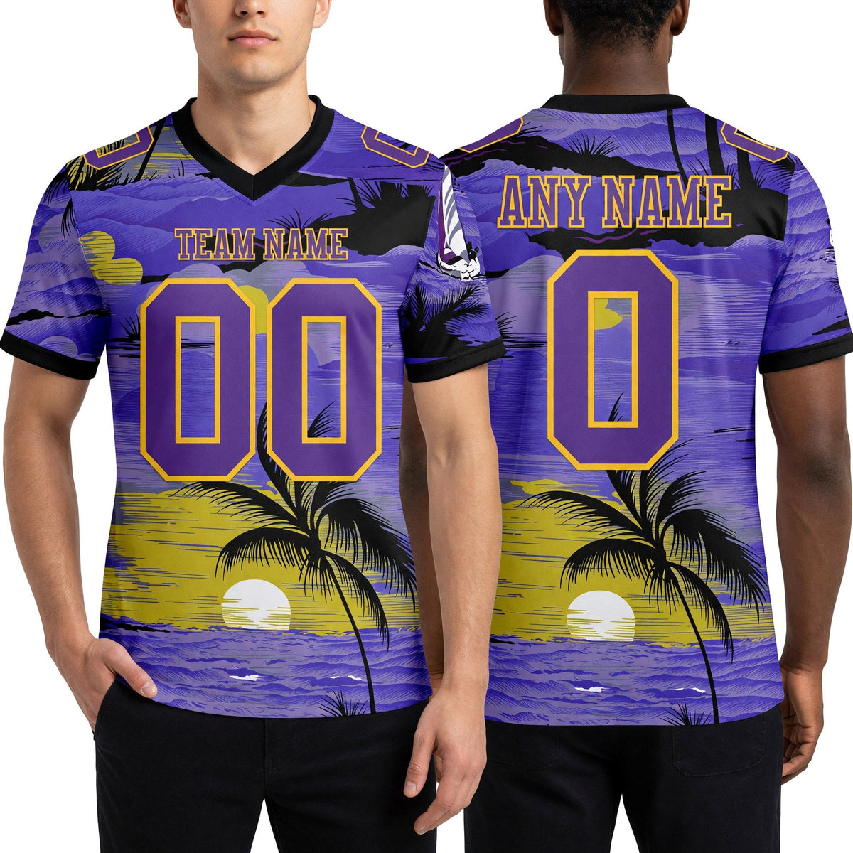 Custom Purple Black-Yellow 3D Pattern Sun Beach Hawaii Palm Trees Authentic Football Jersey worn front and back