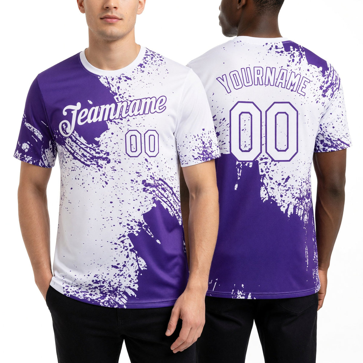Custom White Purple 3D Pattern Design Abstract Brush Stroke Performance T-Shirt worn front and back