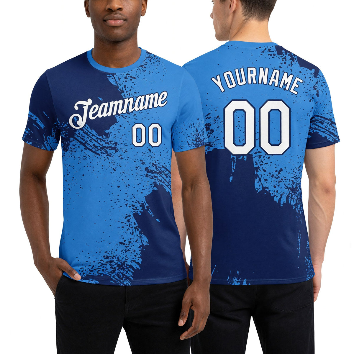 Custom Powder Blue White-Navy 3D Pattern Design Abstract Brush Stroke Performance T-Shirt worn front and back
