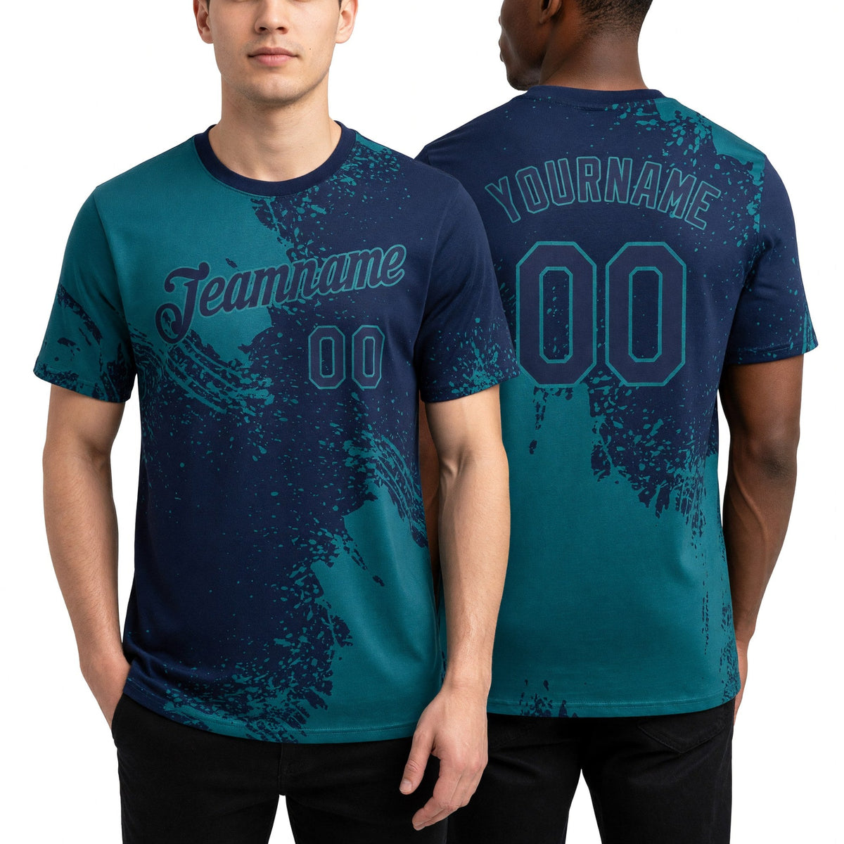 Custom Navy Teal 3D Pattern Design Abstract Brush Stroke Performance T-Shirt worn front and back