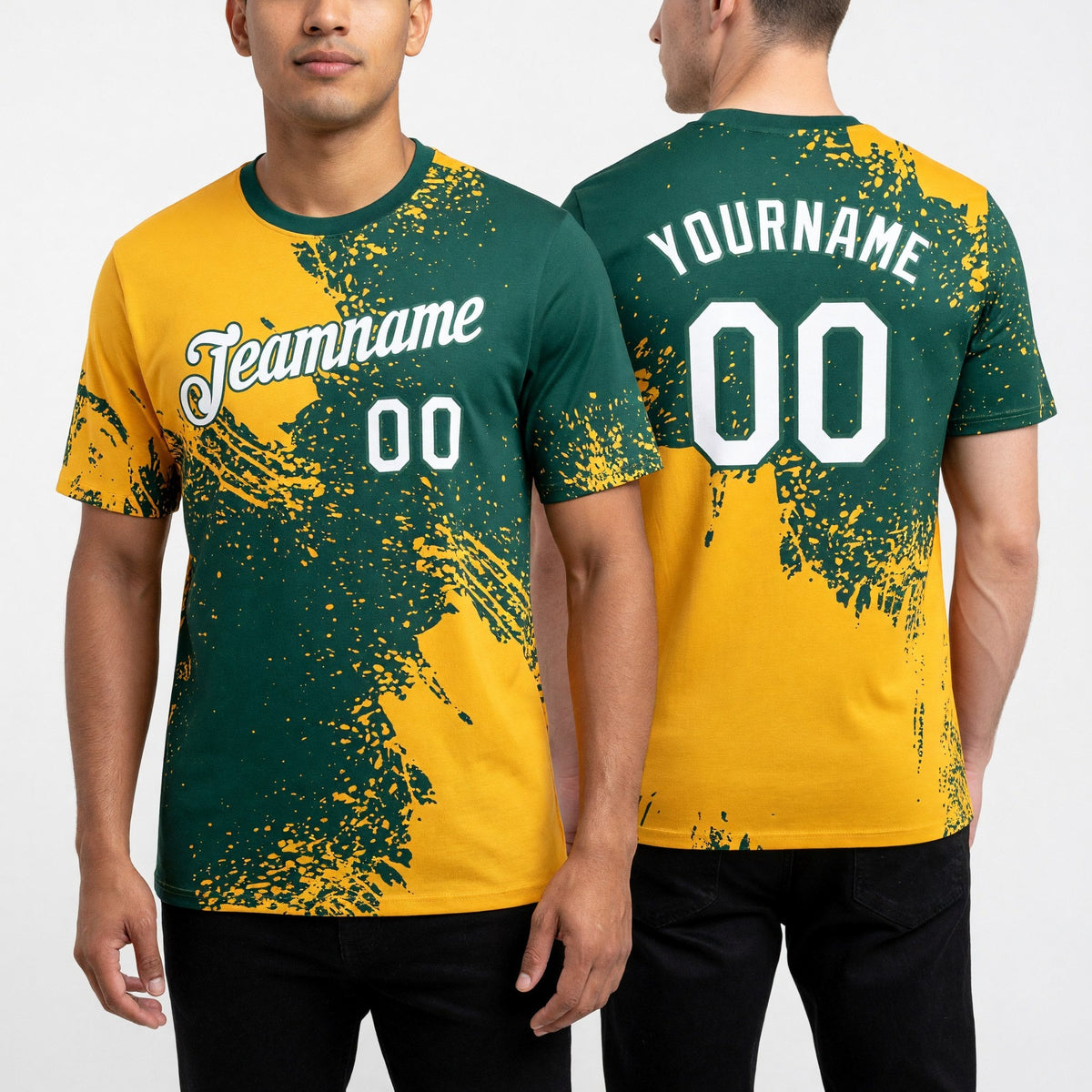 Custom Green White-Gold 3D Pattern Design Abstract Brush Stroke Performance T-Shirt worn front and back