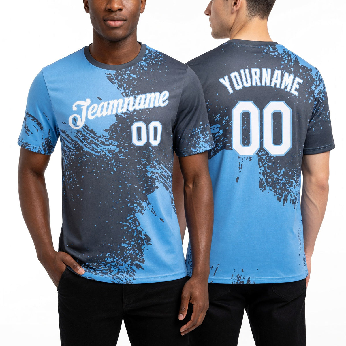 Custom Steel Gray White-Light Blue 3D Pattern Design Abstract Brush Stroke Performance T-Shirt worn front and back