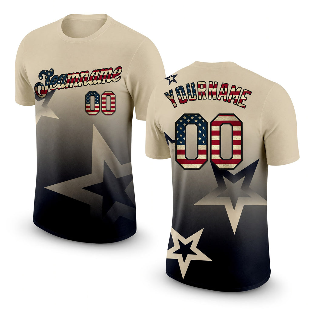 Custom Cream Vintage USA Flag-Black 3D Pattern Design Gradient Style Twinkle Star Performance T-Shirt