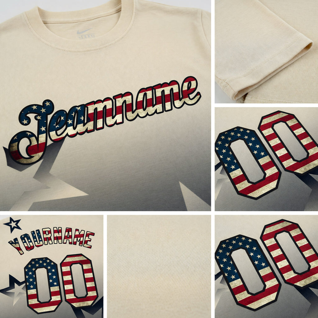 Custom Cream Vintage USA Flag-Black 3D Pattern Design Gradient Style Twinkle Star Performance T-Shirt detail