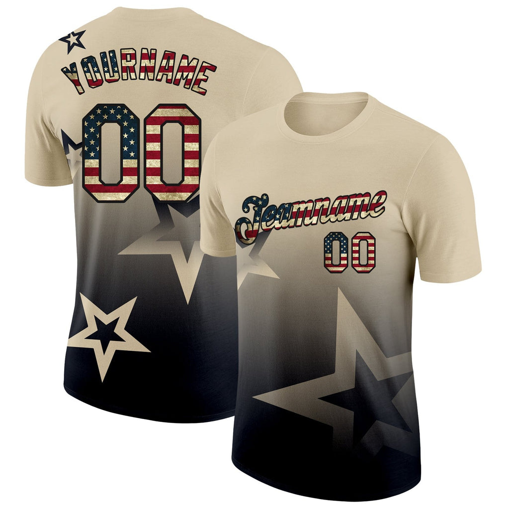Custom Cream Vintage USA Flag-Black 3D Pattern Design Gradient Style Twinkle Star Performance T-Shirt photo 1