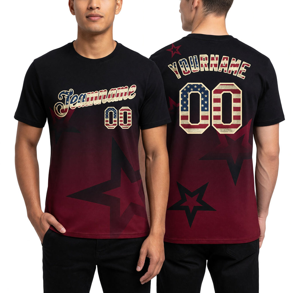 Custom Black Vintage USA Flag Crimson-Cream 3D Pattern Design Gradient Style Twinkle Star Performance T-Shirt worn front and back