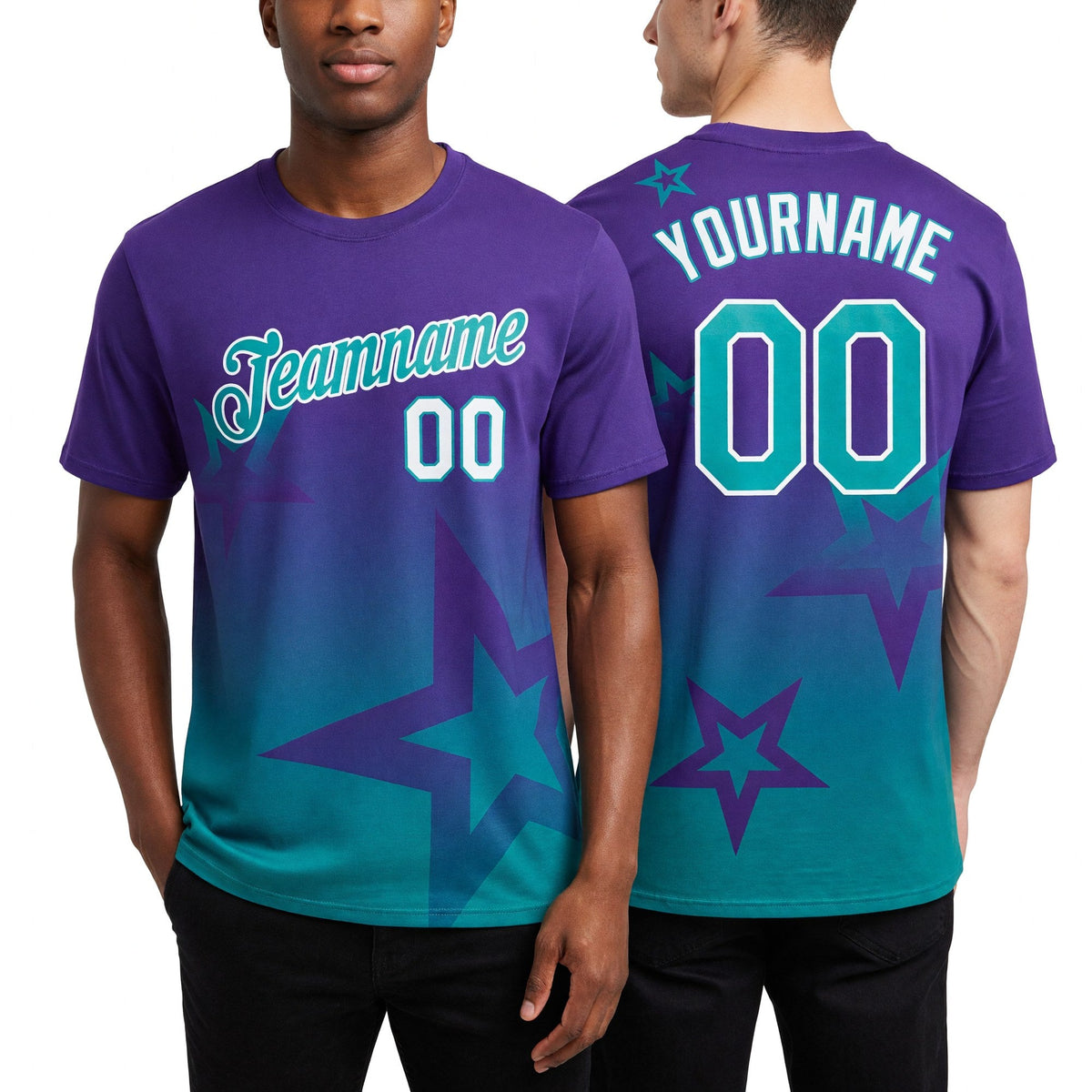 Custom Purple Teal-White 3D Pattern Design Gradient Style Twinkle Star Performance T-Shirt worn front and back