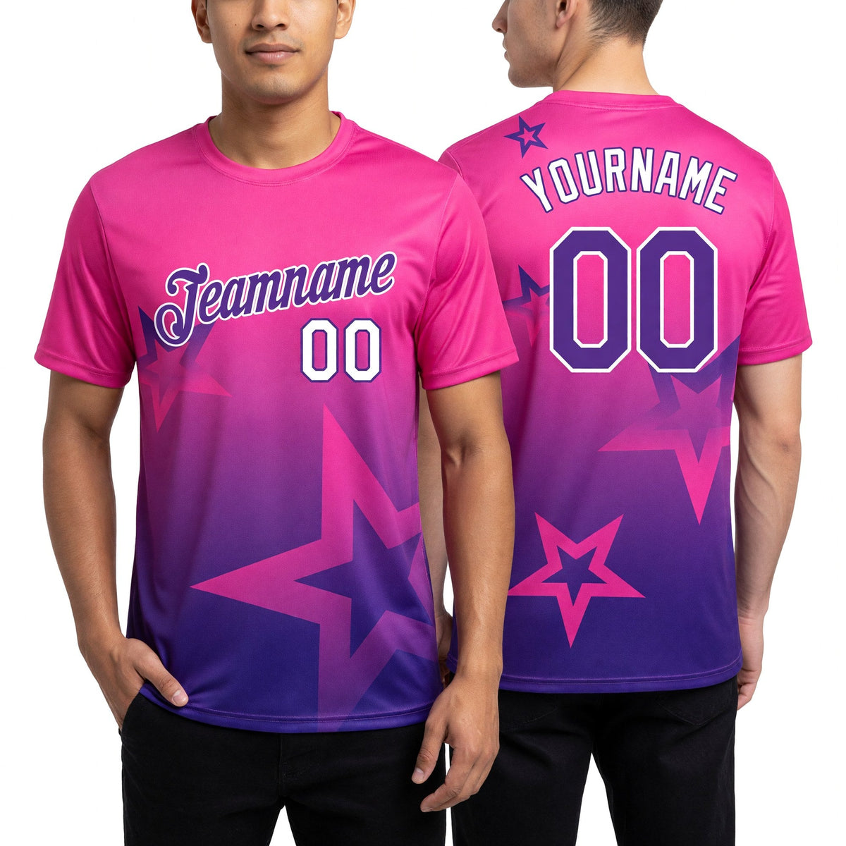 Custom Pink Purple-White 3D Pattern Design Gradient Style Twinkle Star Performance T-Shirt worn front and back