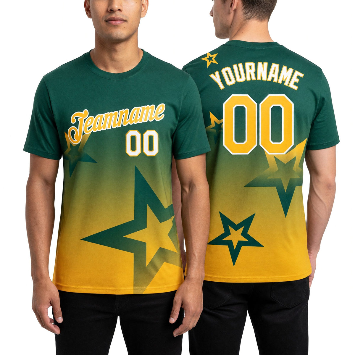 Custom Green Gold-White 3D Pattern Design Gradient Style Twinkle Star Performance T-Shirt worn front and back